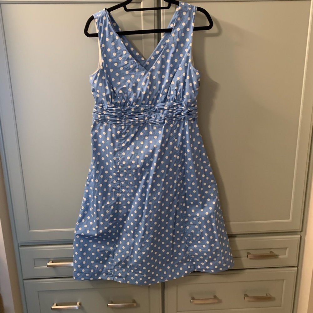 Boden blue with cream polka dot cotton dress with cream cotton lining. Size US10
